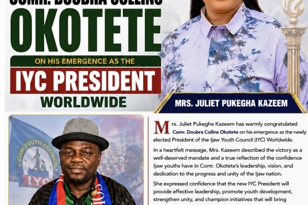 MRS. JULIET PUKEGHA KAZEEM CONGRATULATES COMR. DOUBRA COLLINS OKOTETE ON HIS EMERGENCE AS IYC PRESIDENT WORLDWIDE