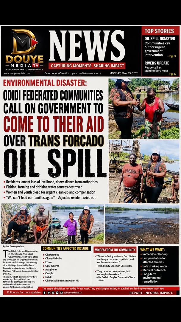 The Odidi and Kantu Federated Communities in Delta State have appealed to President Bola Ahmed Tinubu, GCFR, to urgently intervene over a crude oil spill from the Trans-Forcados Pipeline operated by Heritage Energy Operational Services Limited. The communities said the spill occurred on February 19, 2026, and despite being reported immediately, it has remained unresolved, leaving residents to face severe environmental, health, and economic challenges. According to community leaders, the spill has crippled fishing activities, polluted rivers used for drinking and domestic purposes, and spread beneath residential homes, exposing residents to serious health risks. They noted that the Trans-Forcados Pipeline is a major crude oil evacuation line transporting production from OML 4, OML 38, OML 41 operated by Seplat Energy; OML 42 operated by Neconde Energy; OML 34 operated by ND Western; and OML 26 operated by First Hydrocarbon Nigeria, with a combined daily evacuation of about 160,000 barrels of crude oil to the Forcados Terminal. A brief interview of the affected persons in the area The affected communities are calling on President Tinubu to direct the relevant regulatory agencies and Heritage Energy Operational Services Limited to immediately contain the spill, clean up the polluted environment, provide medical support and relief materials, and ensure adequate compensation for affected residents. They warned that any further delay could worsen the humanitarian situation and threaten the lives and livelihoods of people in the affected riverine communities Douye media tv reporting